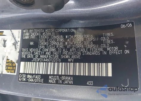 2006 Toyota Highlander Limited z USA, uszkodzony, nr VIN JTEDP21A460122316